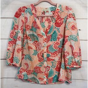 Annie Griffin Womens Multi Color Cotton Silk Print Blouse Top Size 8 3/4 Sleeve